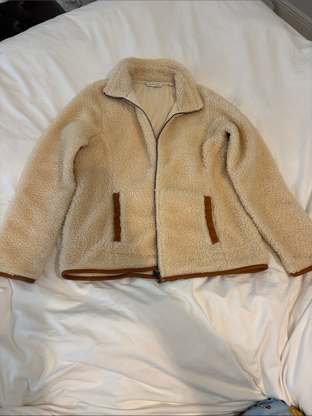 Orvis Cream Sherpa Zip Jacket with Brown Trim